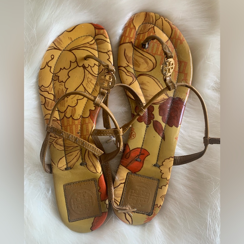 TORY BURCH Floral Sandals - Gold Metal Logo - Yellow Mustard Orange - Size 7.5/8